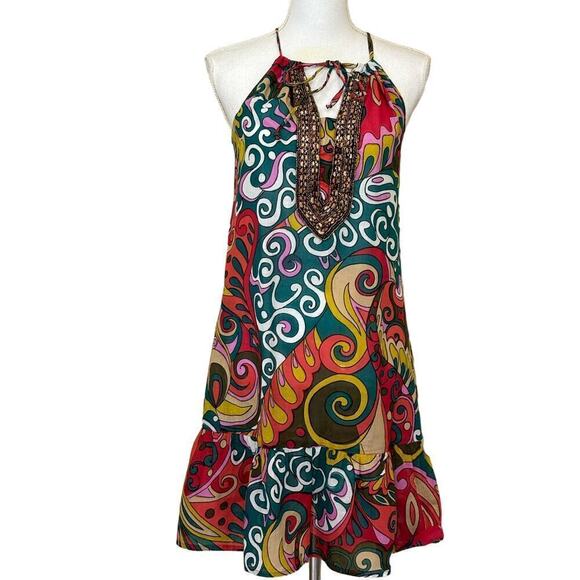 John John colorful cotton shift, beaded bib, small, bohemian, vacation, tropical - Picture 1 of 4